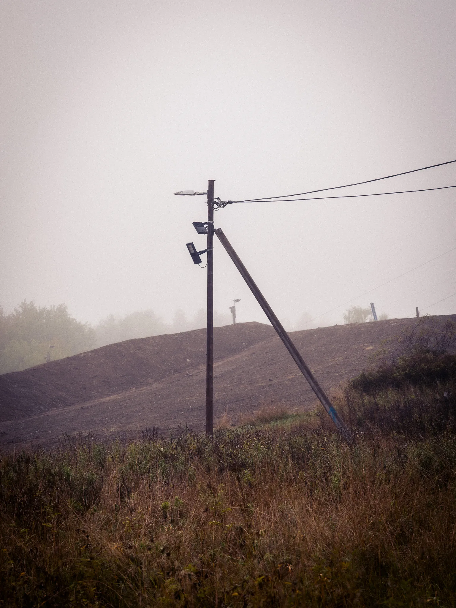 Leaning utility pole with a street lamp in the fog
